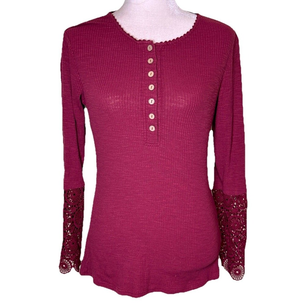 Women’s Maroon Ribbed Knit Henley Top Lace Cuff Long Sleeve Coquette Size Small